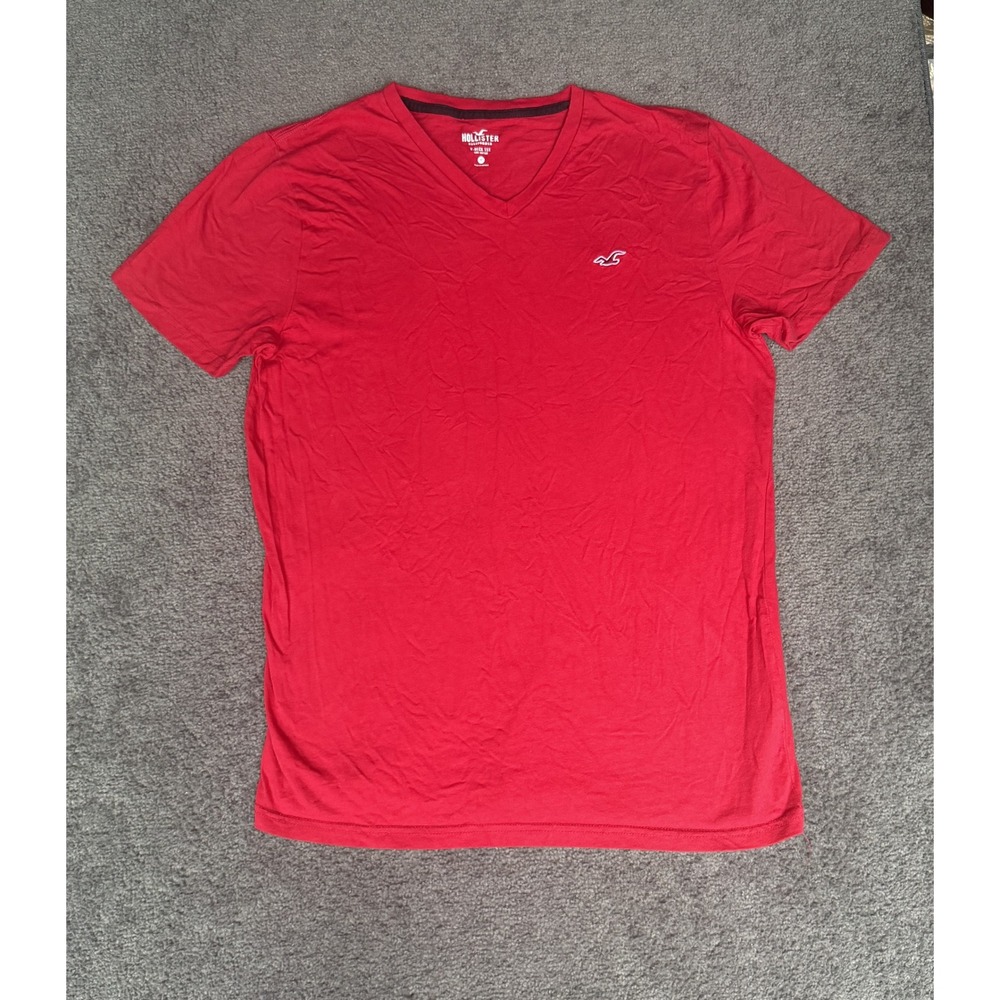 Hollister Mens V-Neck Tee Red Short Sleeve Cotton Logo Shirt Size M 324R2600